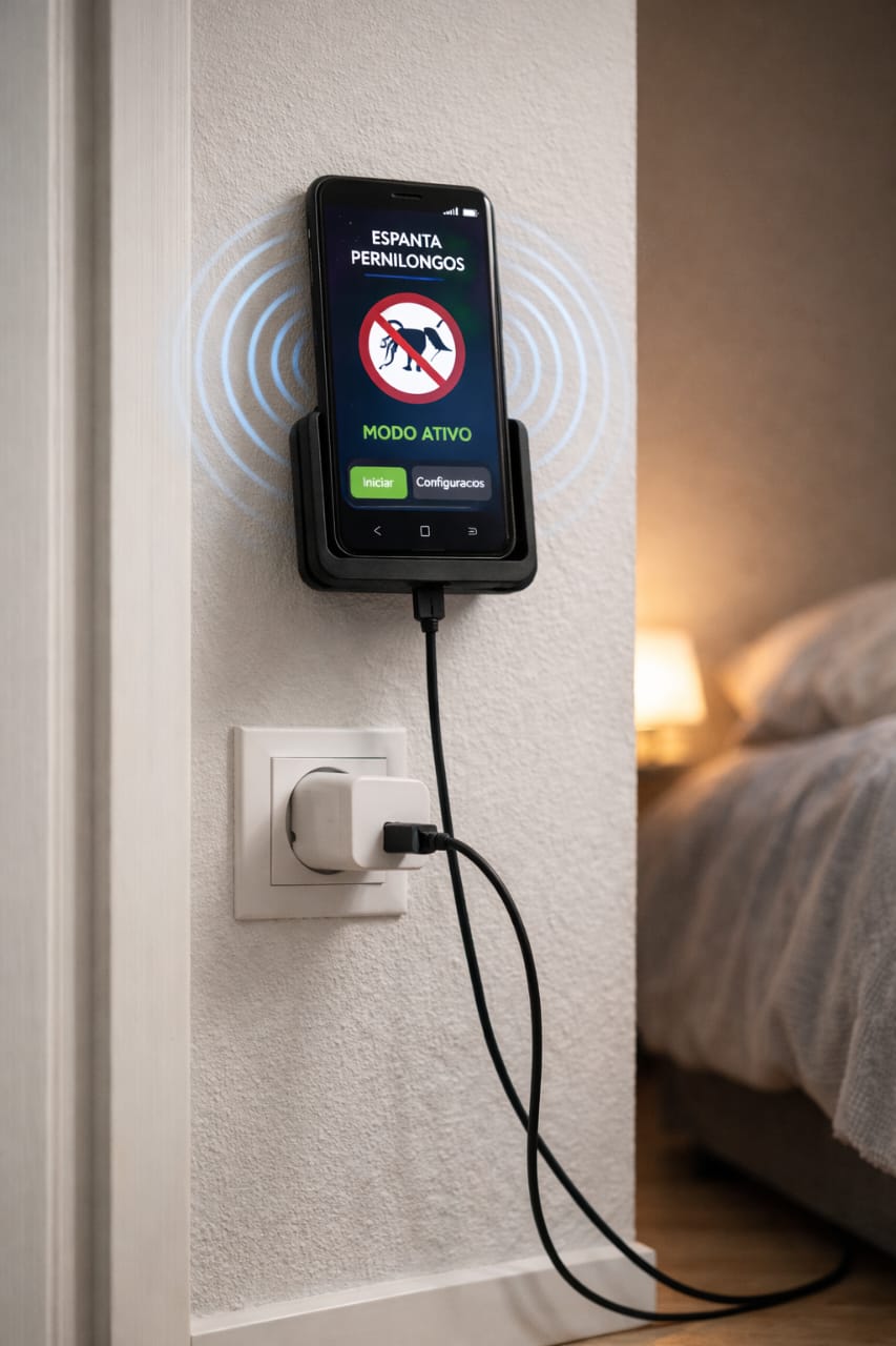 Celular posicionado alto e próximo à porta para melhor propagação sonora